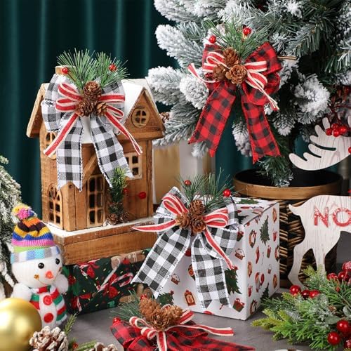 Moucuny 6 Pcs Christmas Burlap Bows Black White Red Plaid 5 x 6 Inch