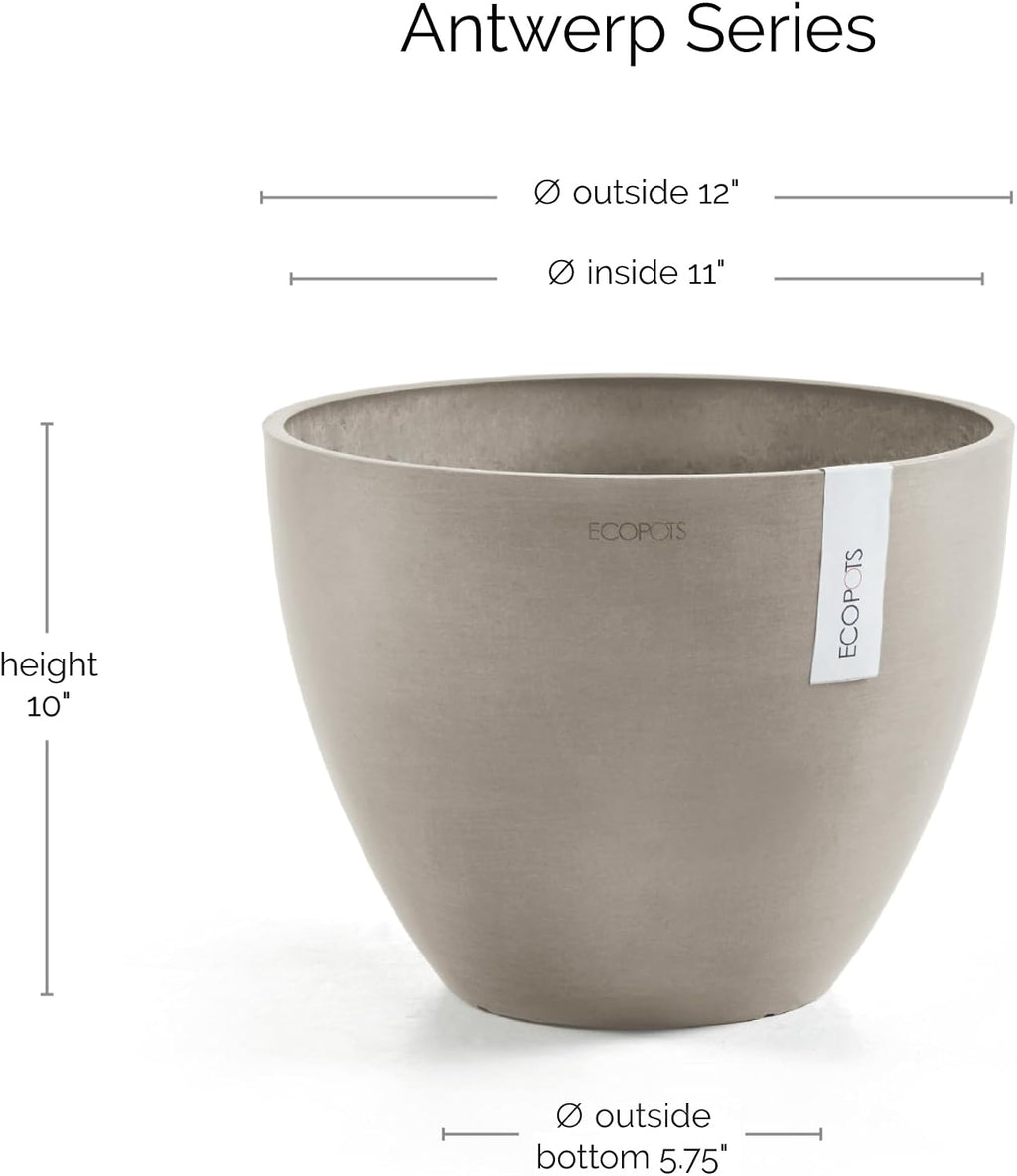 Ecopots Antwerp Round Tapered Flower Planter, Taupe, 12" | Modern Style, Durable Recycled-Based Composite Construction