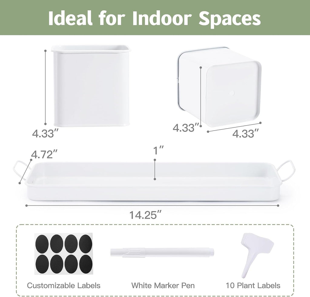 Indoor Herb Garden, Herb Planter Set with Handled Tray, 3 Iron Indoor Plant Pots with Drainage Holes, Windowsill