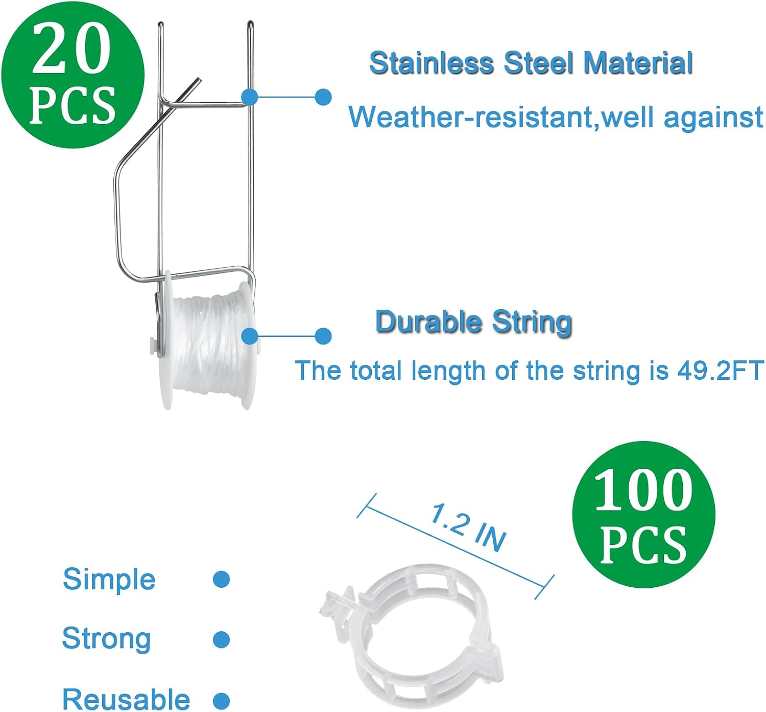 Tomato Support Hooks with String 20 Pcs,100 Pcs Plant Support Clips for Climbing Plants,Tomato Trellis Roller Hooks