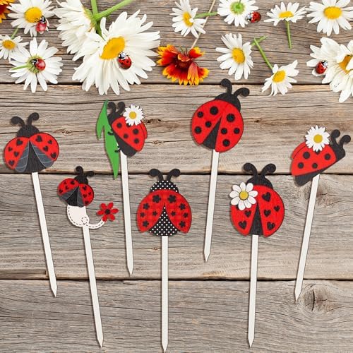 TICIAGA Summer Ladybug Wooden Picks - 14PCS Cute Ladybug Insect Double-Sided Wooden Decorative Picks for Home Vase Filler, Farmhouse Garden Theme Floral Pick for Summer Party Spring Holiday Supplies