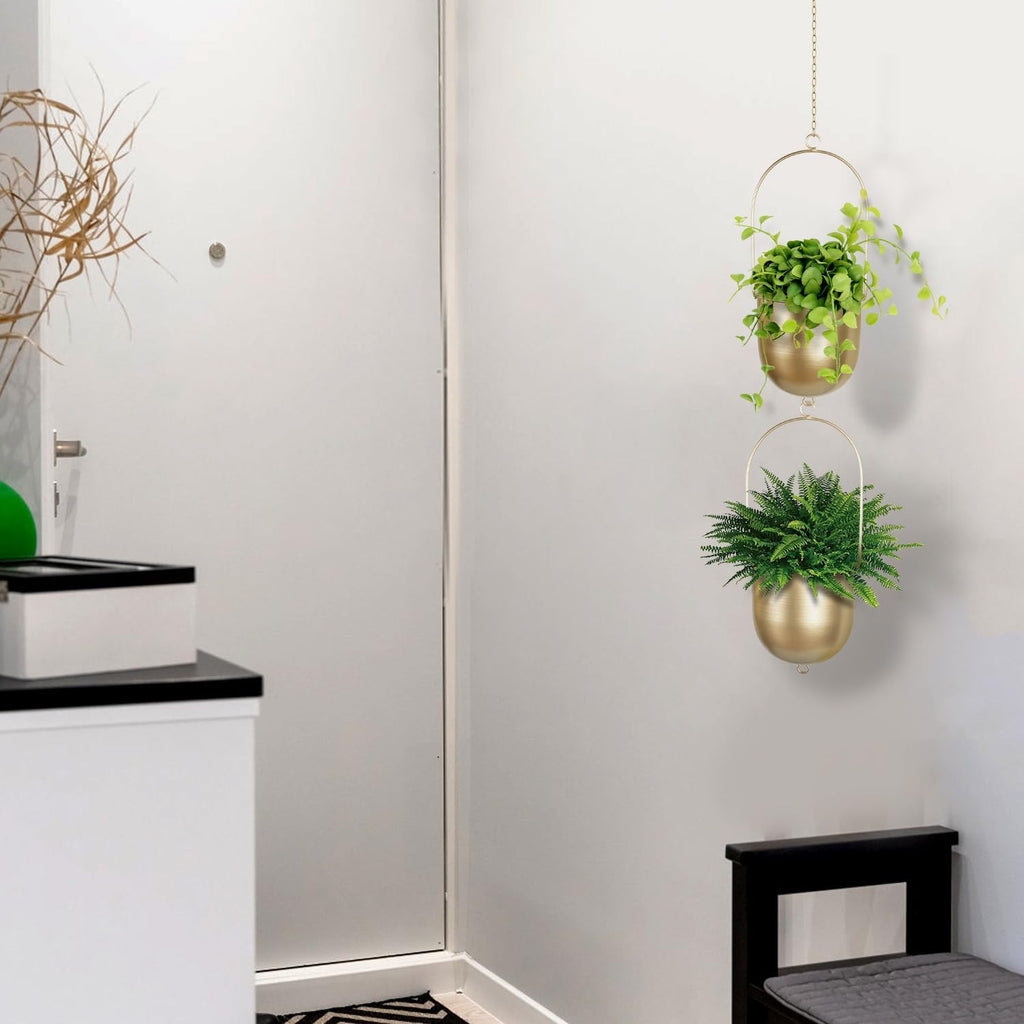 AceList Boho Hanging Planter, Set of 2 Gold Metal Plant Hanger with Hooks and Chains, Modern Wall & Ceiling Planters