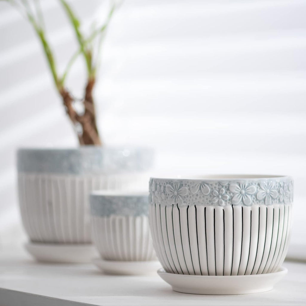 Gray Flower Pots, Texture Ceramic Plant Pots for Indoor Plants Set of 3 | Planters with Saucer | Cute Garden Pots