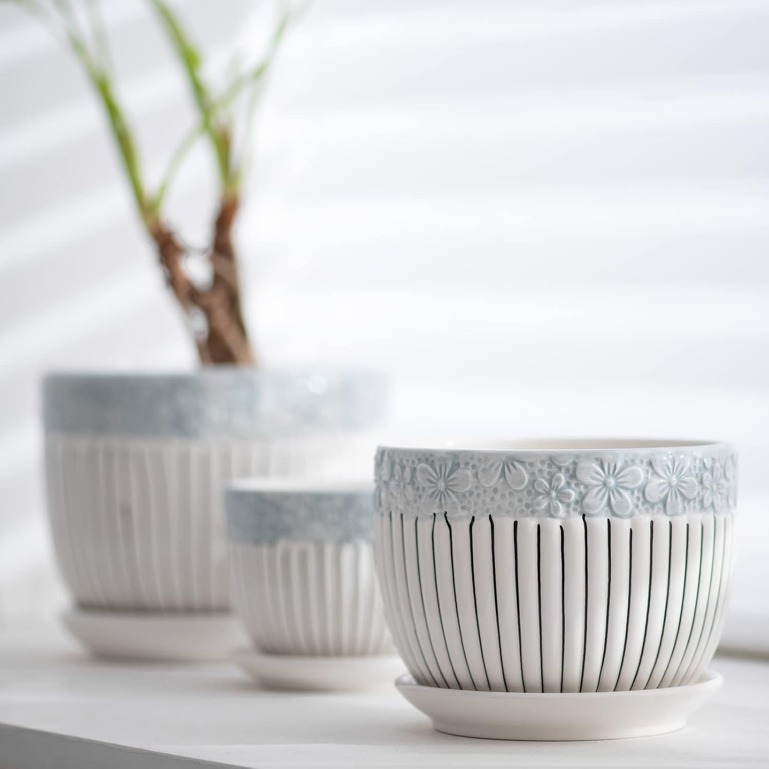 Gray Flower Pots, Texture Ceramic Plant Pots for Indoor Plants Set of 3 | Planters with Saucer | Cute Garden Pots