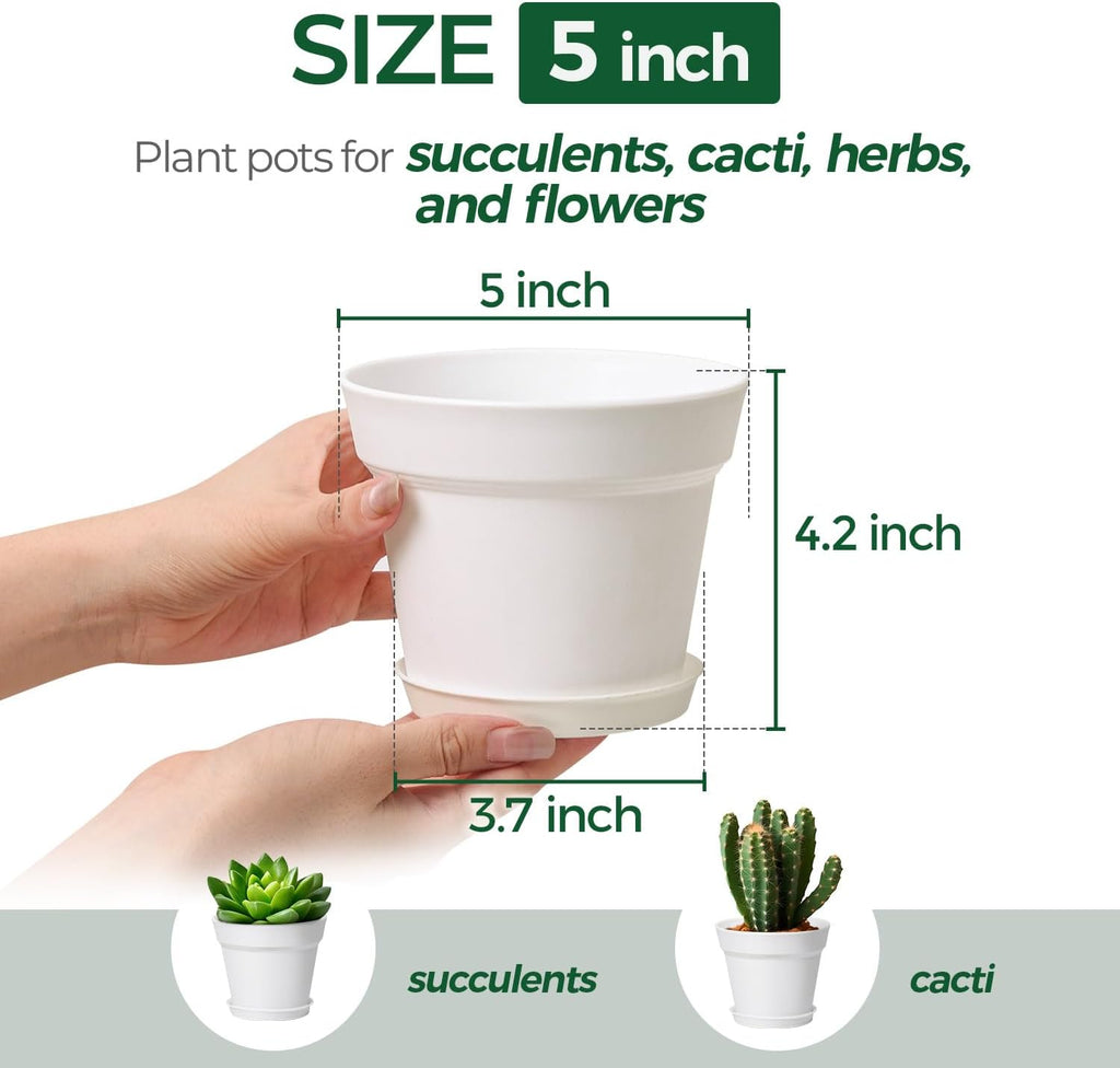 T4U Small Plant Pots 5 Inch 18 Pack, Plastic Flower Pots with Saucer White | Nursery containers for succulents cactus