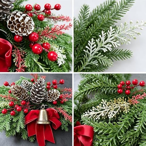 Christmas Wreath for Front Door - Artificial Cedar Winter Wreath with Red Velvet Bow, Golden Bell, Pinecones & Red Berries, Farmhouse Holiday Wreath for Indoor Outdoor Christmas Decorations