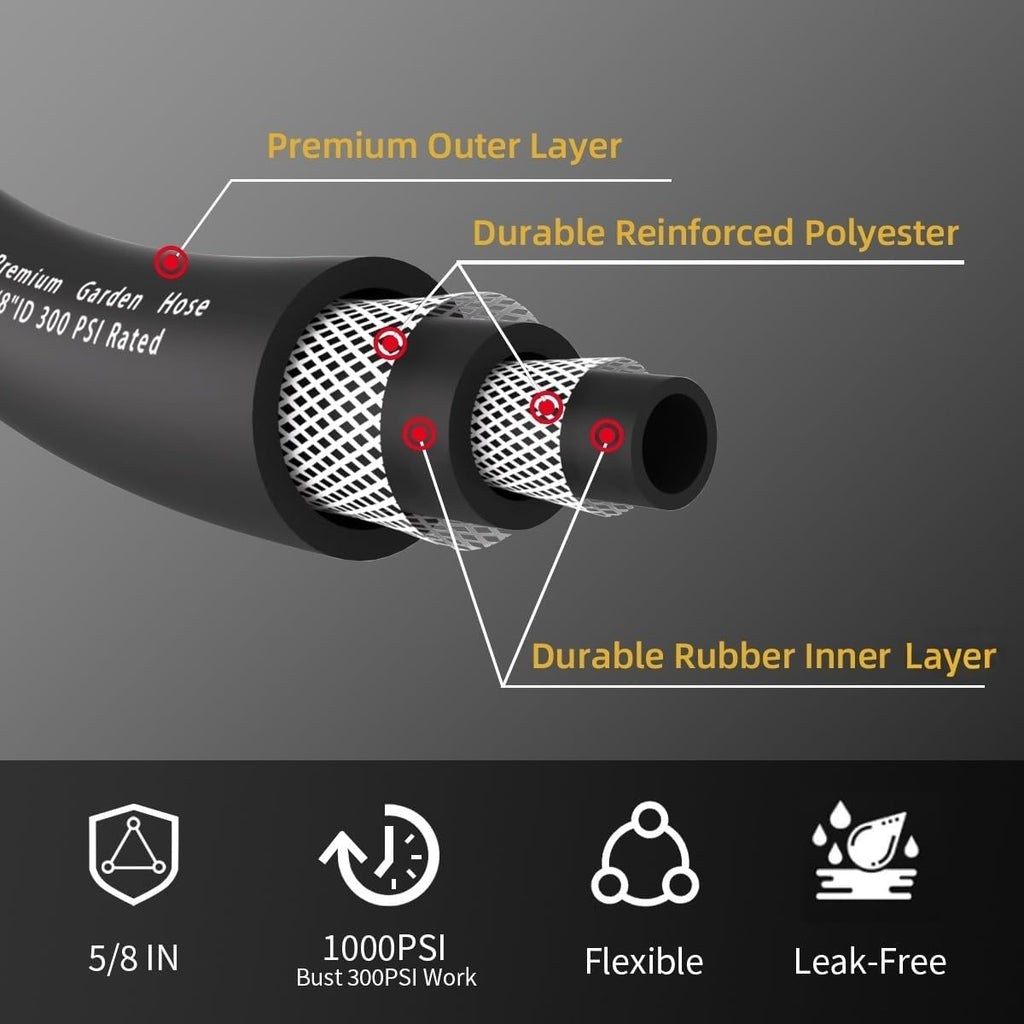 Heavy Duty Premium Garden Hose 50ft x 5/8", 300PSI Working, 1000PSI Burst, Hybrid Rubber Water Hose with Transparent