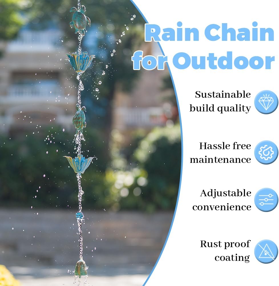 10ft Rain Chain with 16 Cups for Outside Gutters, Eaves, Drainage | Turtle & Lotus Shape, Metal Rain Chain, Adjustable