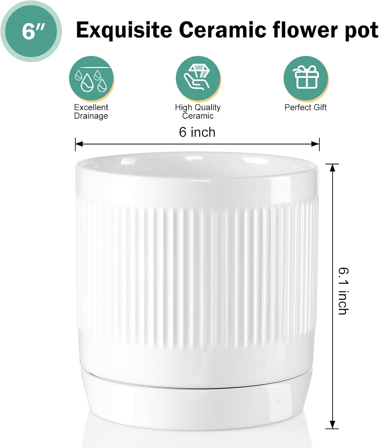 Vanavazon 6 Inch Glazed Ceramic Plant Pots with Drainage Hole and Saucer, Cylinder Indoor Planters for All House
