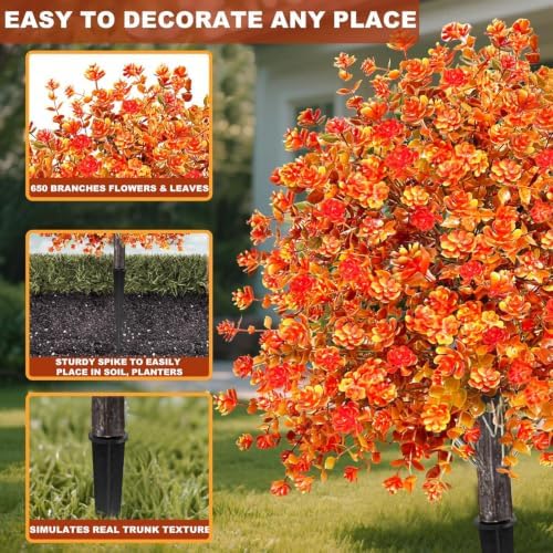 2 Pack Artificial Boxwood Topiary Ball Trees with Fall Flowers & Ground Spikes for Outdoor, UV Resistant Artificial Shrubs Faux Plants Fake Bushes Look Real for Garden Porch Yard Patio