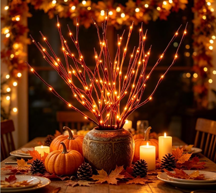 DK177 4Pack Led Branch Light Battery Operated Lighted Branch Vase Filler Willow Tree Artificial Little Twig Power Brown 30 Inch 20 LED for Home Romantic Decoration, 4Pack Orenge-Light