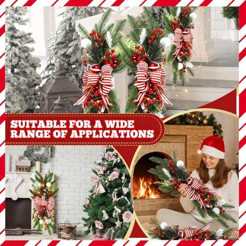 Lyrow 2 Pack 24" Christmas Stairway Swag with Lights, Red White Ribbon