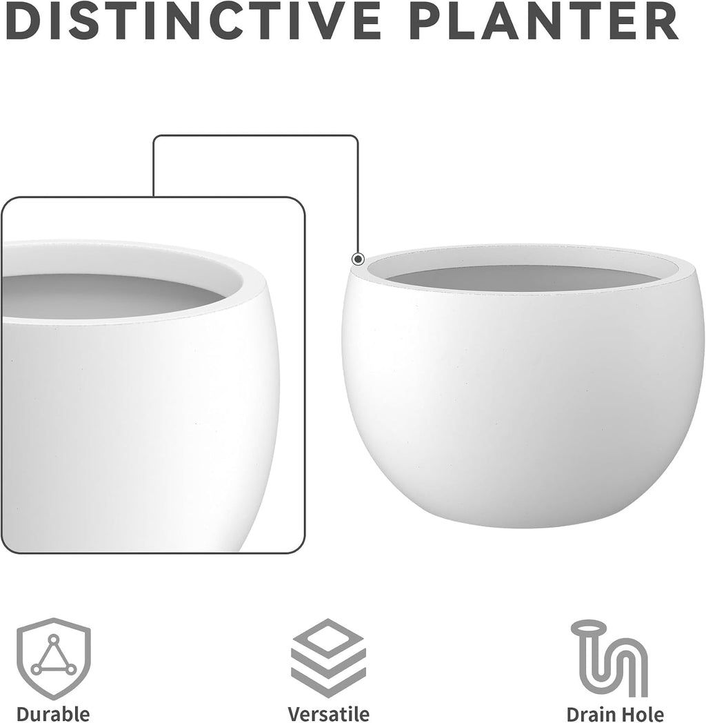 Kante Small Round Bowl White Concrete Planter 11.8" Dia, Outdoor | Rubber Plug for Indoor, Drainage for Garden
