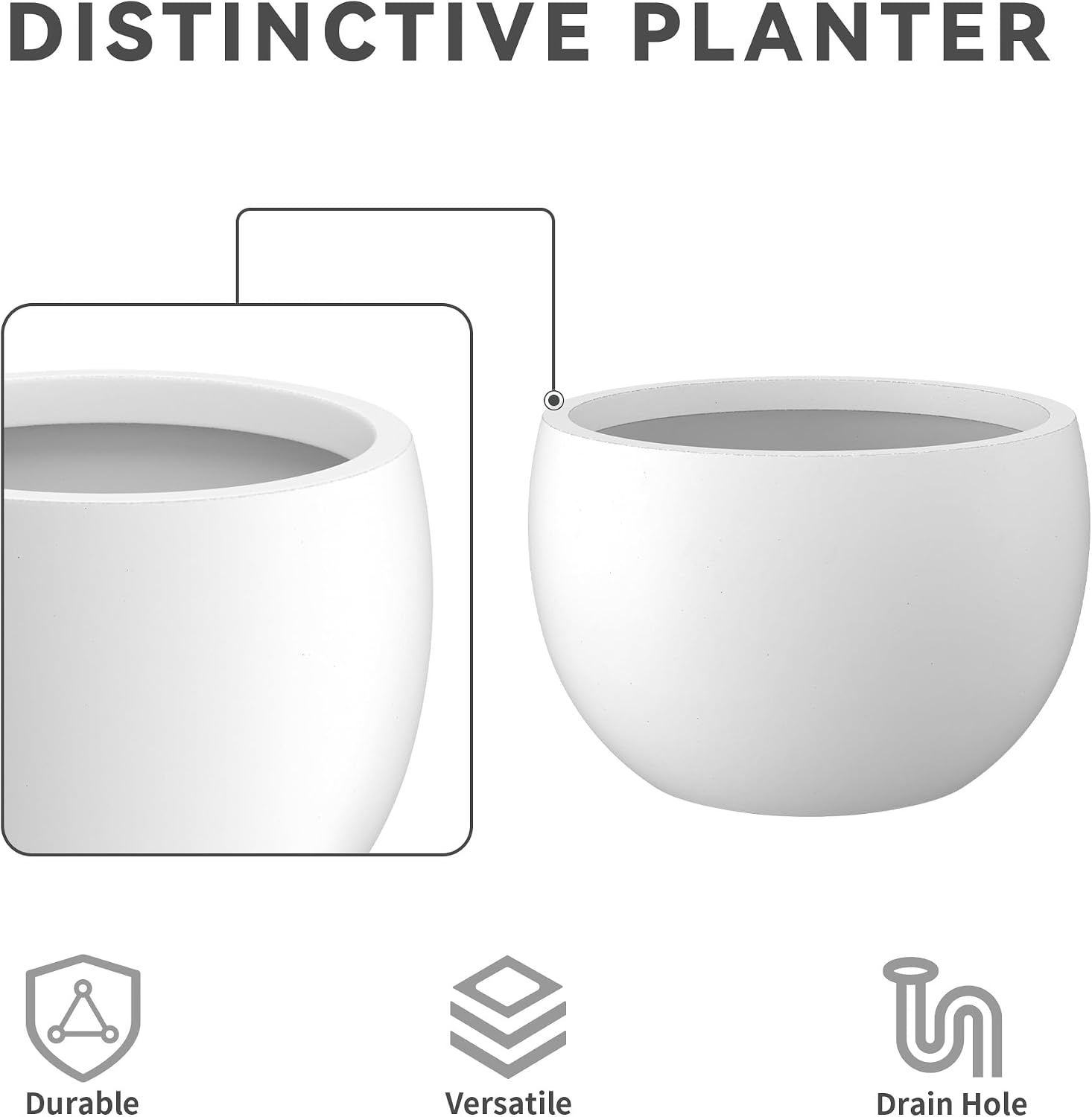 Kante Small Round Bowl White Concrete Planter 11.8" Dia, Outdoor | Rubber Plug for Indoor, Drainage for Garden