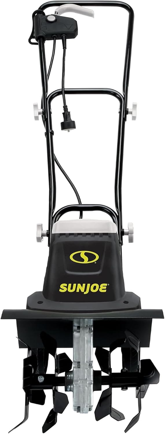 Sun Joe Electric Garden Tiller and Cultivator with 3 Position Height Adjustment Maximum 12-inch Cultivating Width and 8