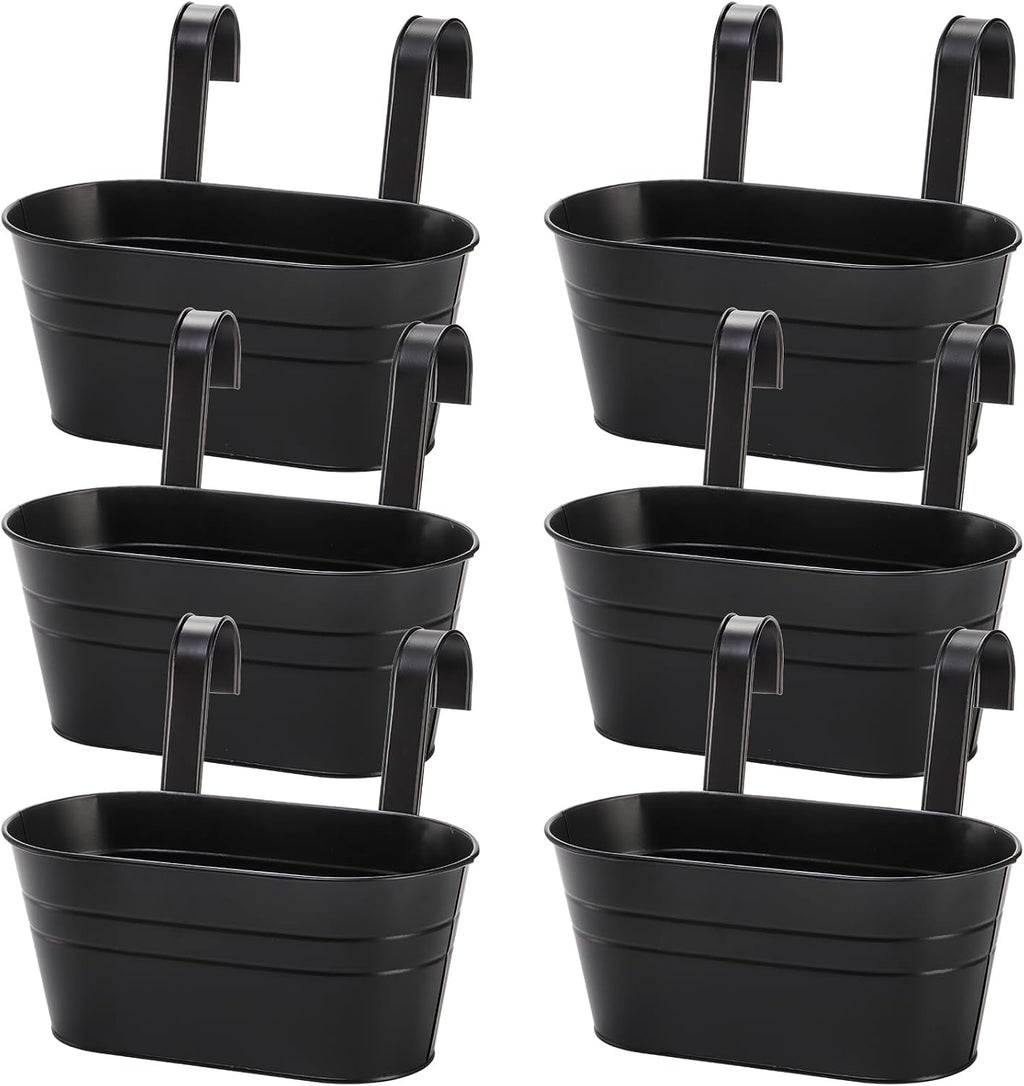 Foraineam 6 Pack Hanging Flower Pots, Metal Iron Hanging Planter Plant Pot Holders for Railing Fence Balcony, Black