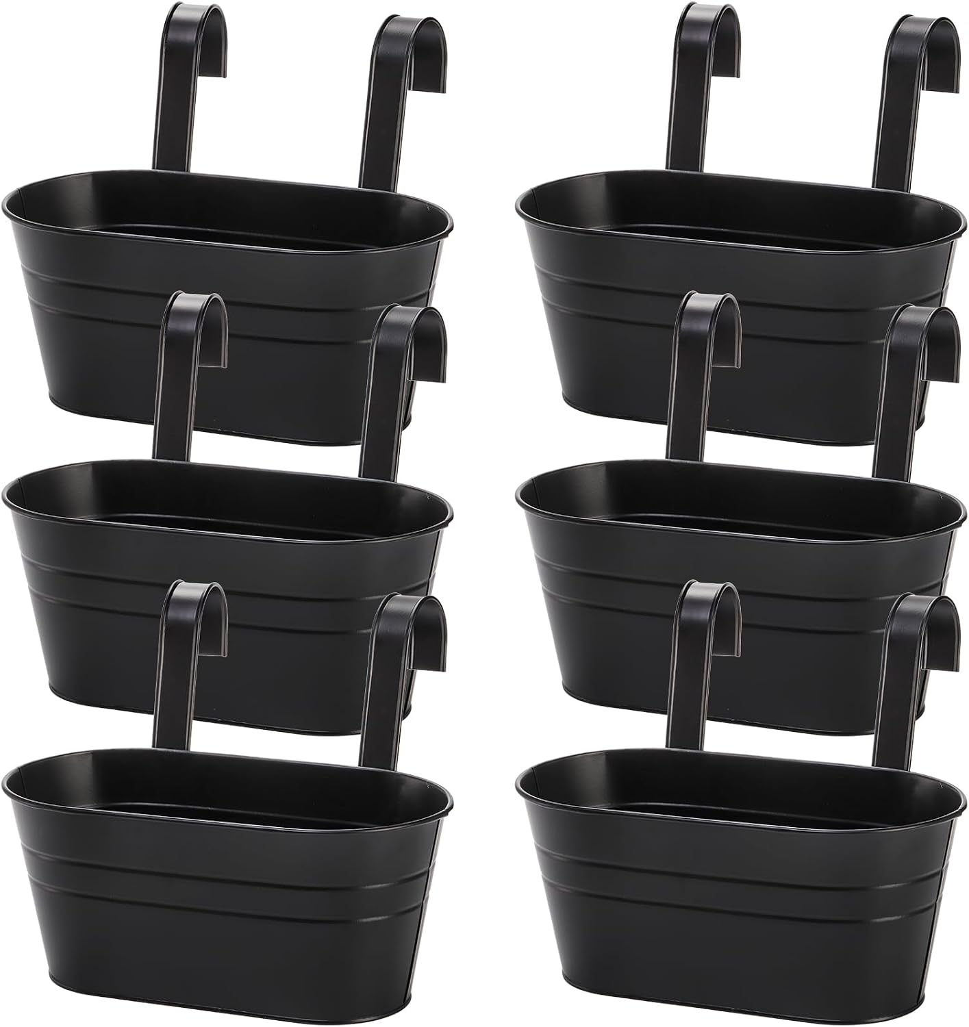Foraineam 6 Pack Hanging Flower Pots, Metal Iron Hanging Planter Plant Pot Holders for Railing Fence Balcony, Black