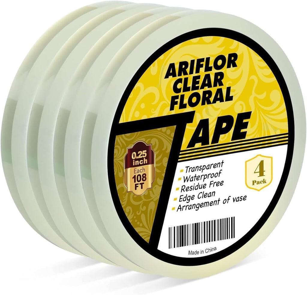 4Packs Clear Floral Tape - 1/4 inches Wide Floral Vase Tape, Clear Waterproof Floral Tape for Fresh Flower Bouquets and Flower Arrangements Crafts (0.25inch*4Packs), 0.25inch*4Pack