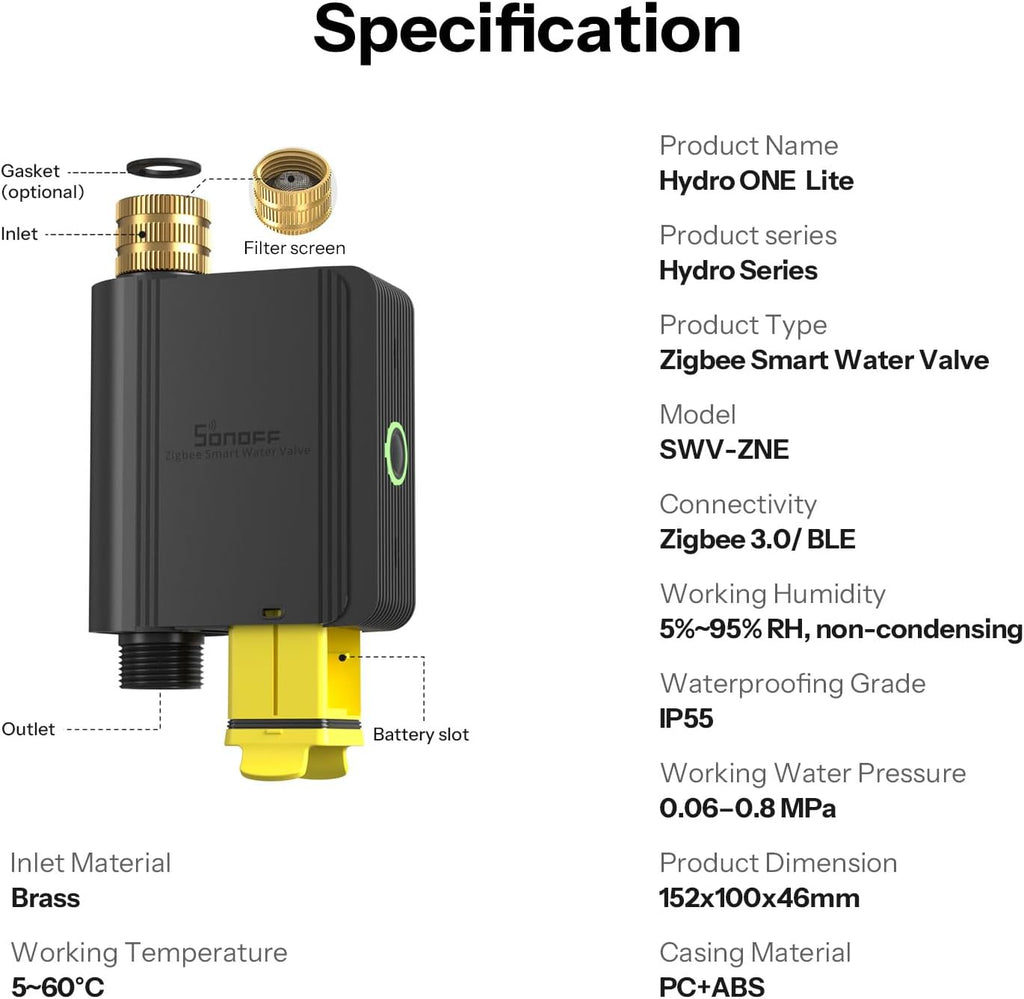 SONOFF SWV-ZNU Hydro ONE Lite Zigbee Smart Sprinkler Timer, Brass Inlet, Weather-Adaptive Scheduling Irrigation for