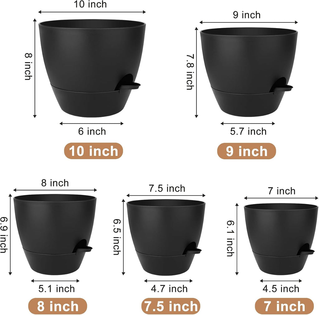 QRRICA Plant Pots 10/9/8/7.5/7 Inch Self Watering Pots, Set of 5 Plastic Planters with Drainage Holes and