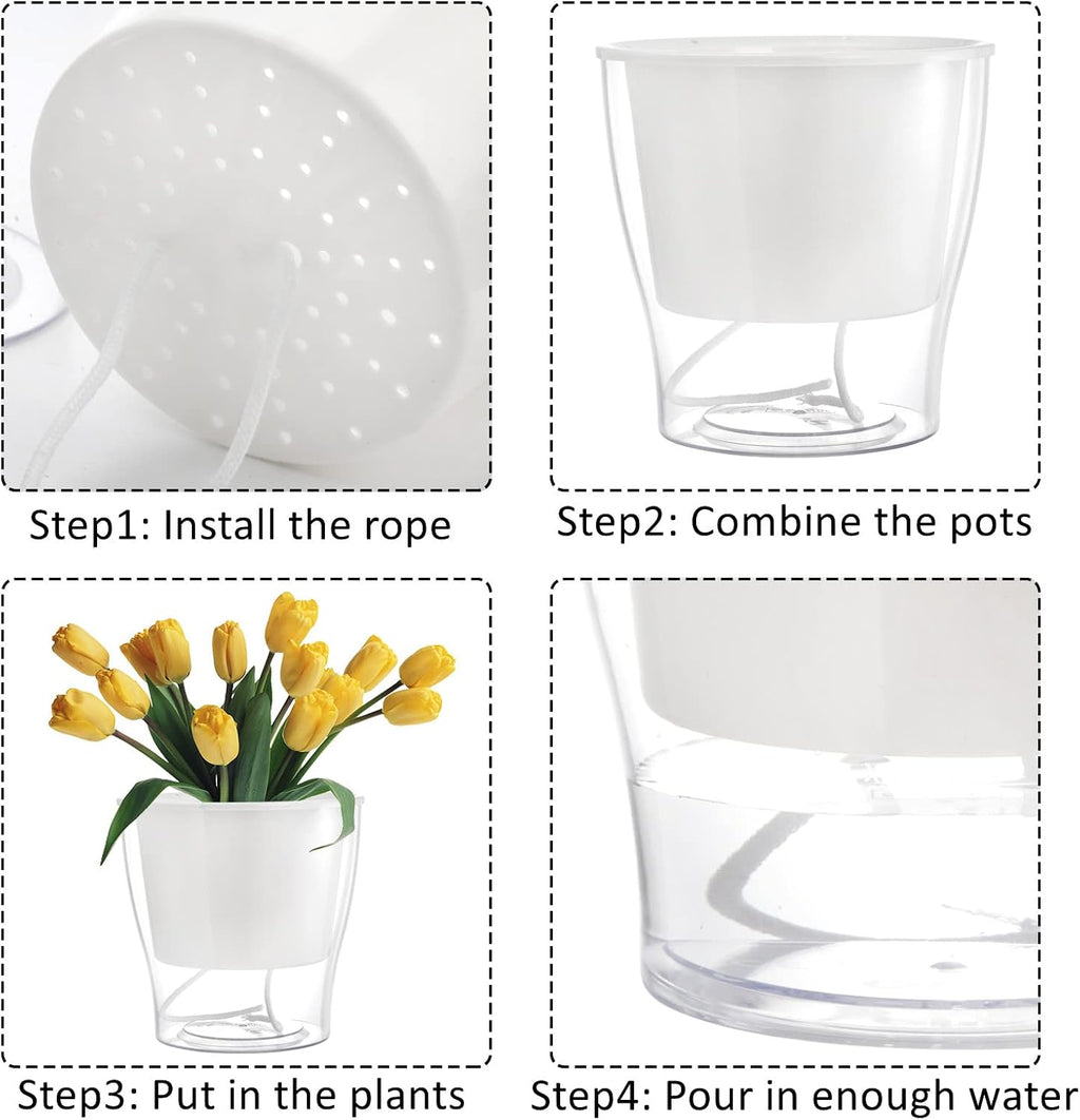 ZOOFOX 4 Pack Self Watering Pots for Indoor Plants, 7 Inch Large Clear Plastic Automatic-Watering Plant Pot, Modern