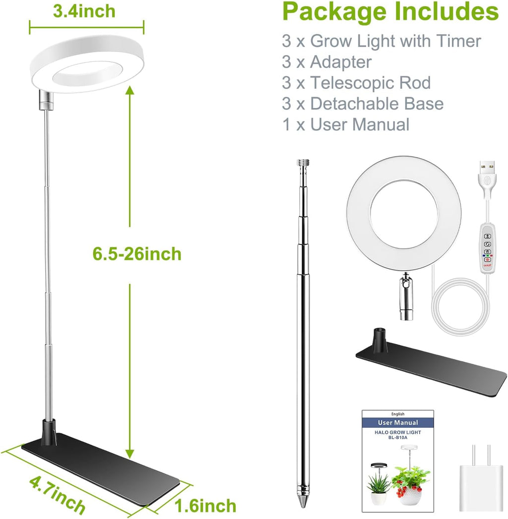 Kullsinss 3.5in Small Grow Lights for Indoor Plants, 48 LEDs Full Spectrum | White Plant Light with Base, Timer &