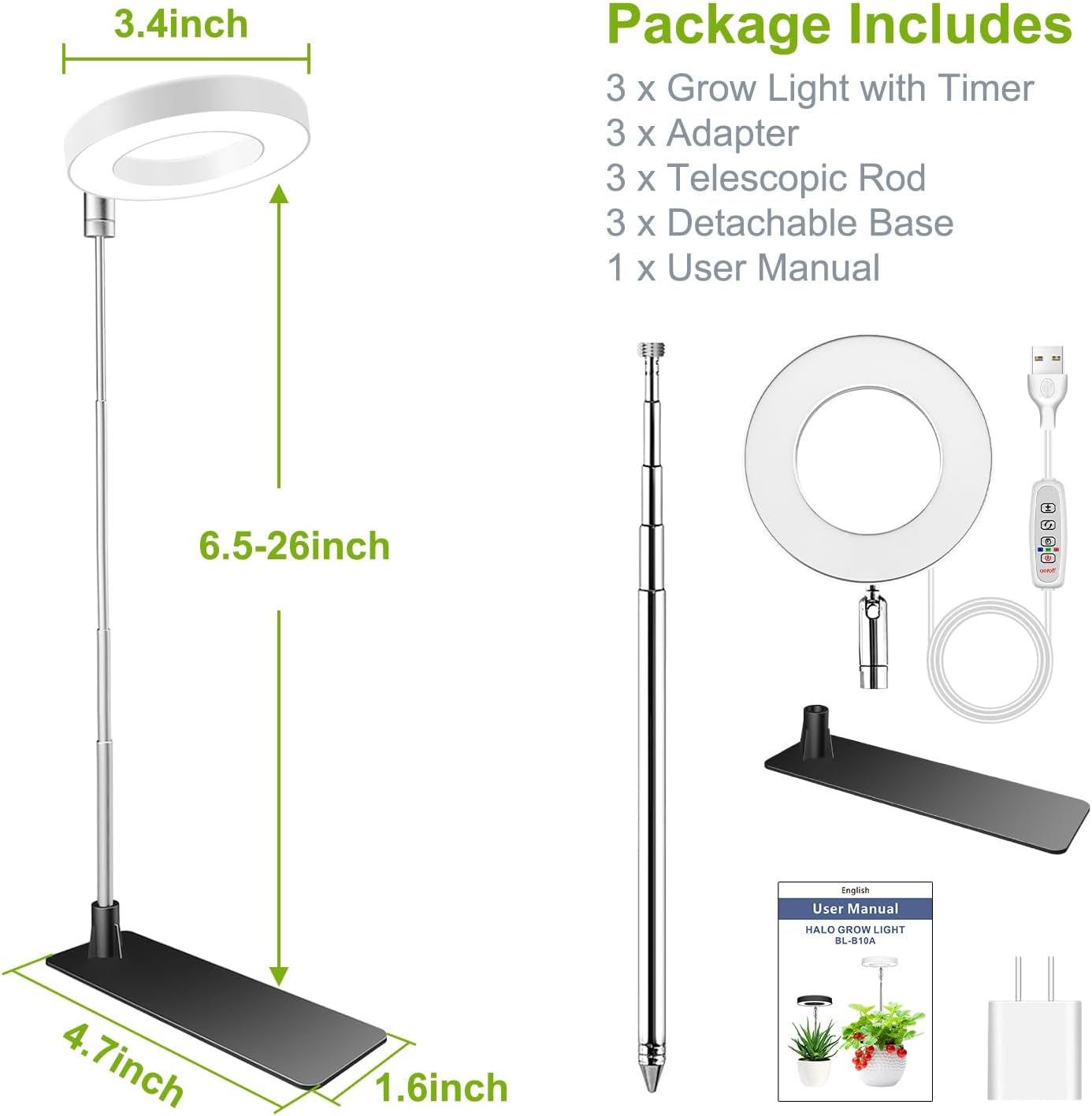 Kullsinss 3.5in Small Grow Lights for Indoor Plants, 48 LEDs Full Spectrum | White Plant Light with Base, Timer &