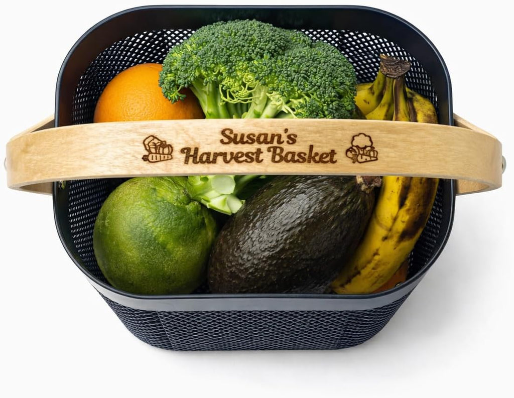 Harvest Basket Plastic Mesh Garden Hod with Personalized Bamboo Handle – Lightweight Vegetable Harvest Basket for