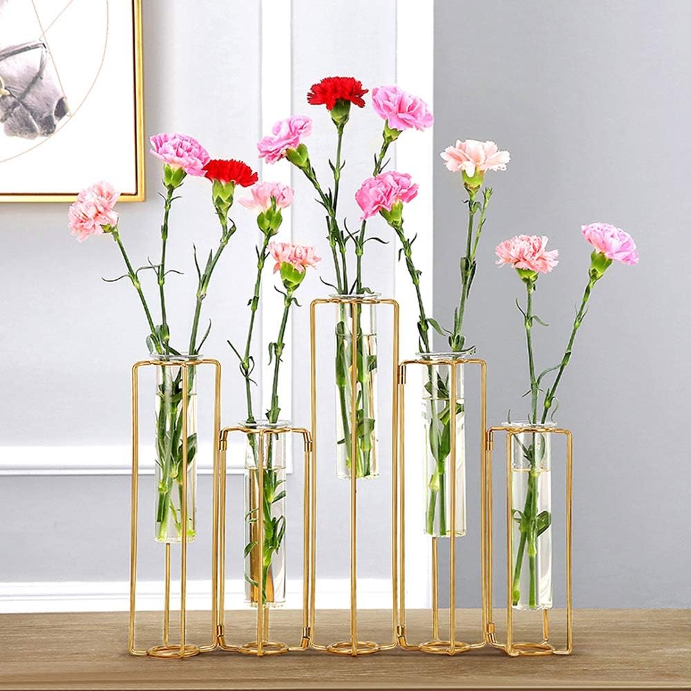 Hinged Flower Vases Test Tube Flower Vase with 5 Test Tubes Gold Metal Frame can be Bent and Contorted, Propagation