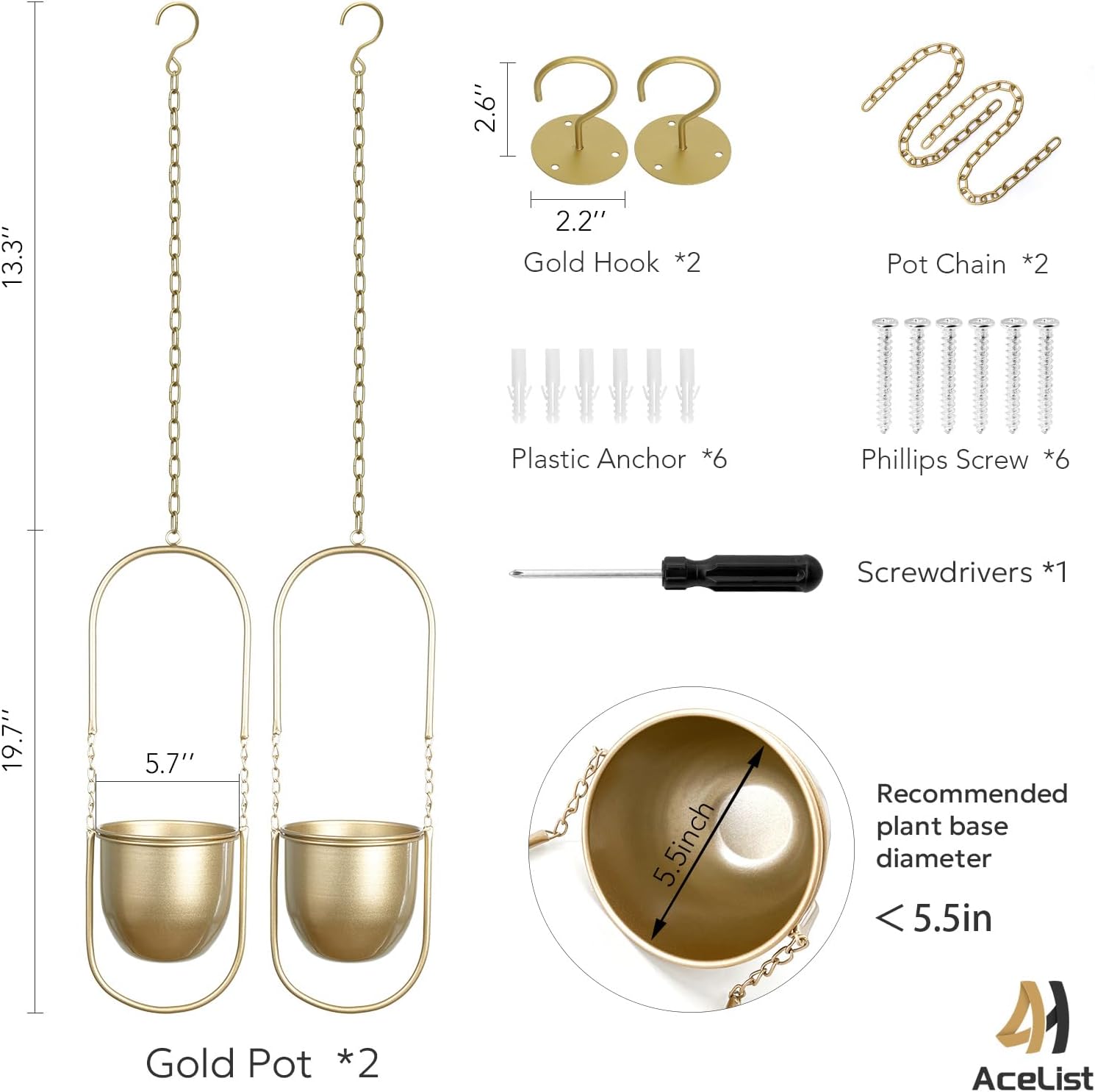 AceList Boho Hanging Planter for Indoor Plants - Set of 2 Gold Metal Wall Planter 5.7Inch with Hooks and Chins, Plant