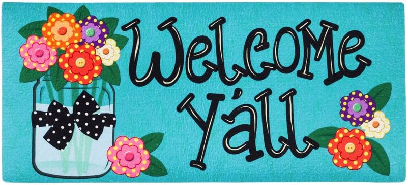 Evergreen Flag Indoor Outdoor Welcome Y'all Bundle Set of 4 - Garden Flag stand and Flag, Sassafras Doormat Frame and