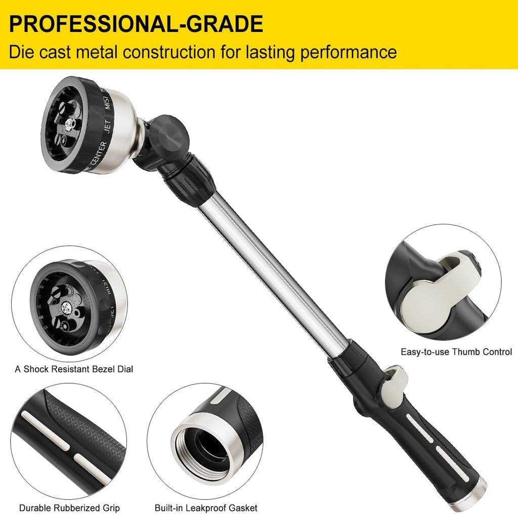 FANHAO 16-Inch Metal Watering Wand, Heavy Duty Garden Hose Wand with 9 Spray Patterns, 180° Rotating Long Hose Nozzle
