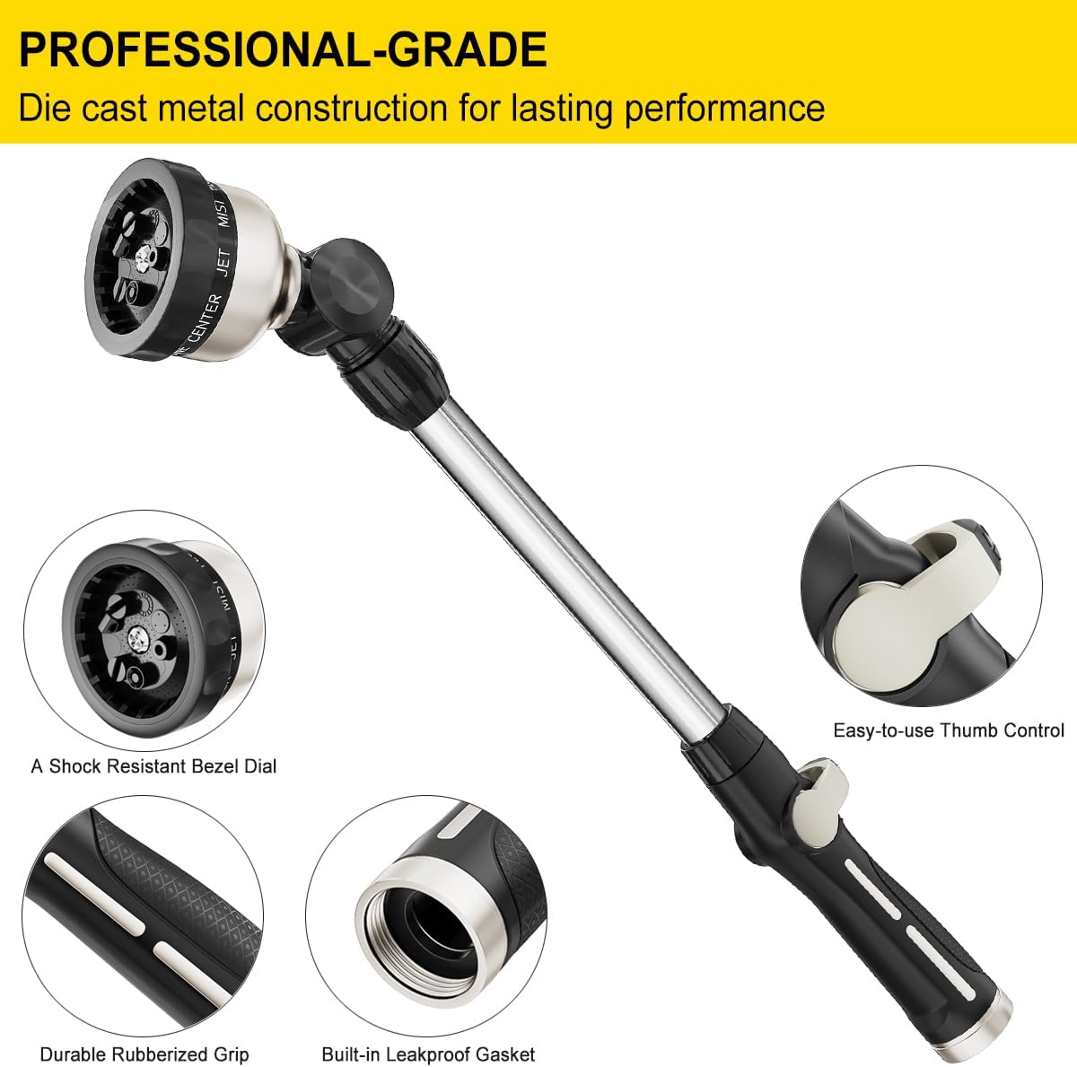 FANHAO 16-Inch Metal Watering Wand, Heavy Duty Garden Hose Wand with 9 Spray Patterns, 180° Rotating Long Hose Nozzle