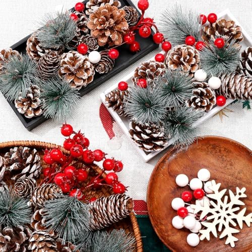 108 Pcs Christmas Ornaments Pine Cones Berry Pine Branch Set Xmas Decorations for Home, Pinecones for Crafts Vase Filler Wreath Christmas Table Decor