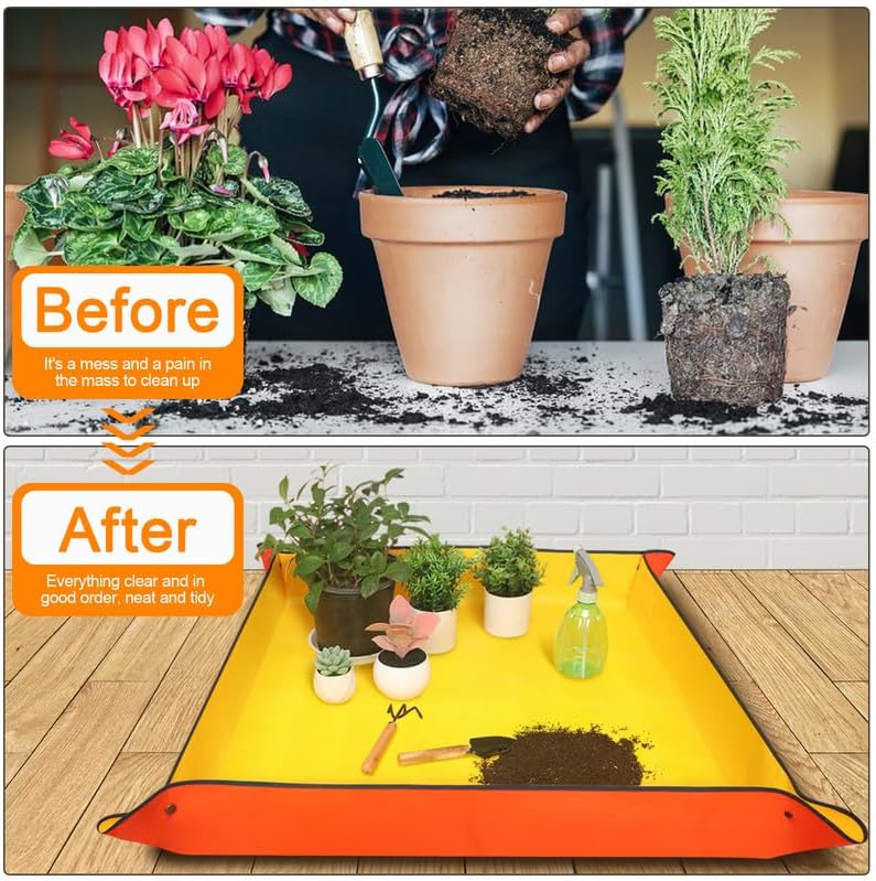 Emycool 39.5" x 31.5" Large Repotting Mat for Indoor Plants Transplanting and Potting Soil Mess Control, Waterproof Portable Succulent Plant Repotting Tray Gardening Gifts for Women, Orange
