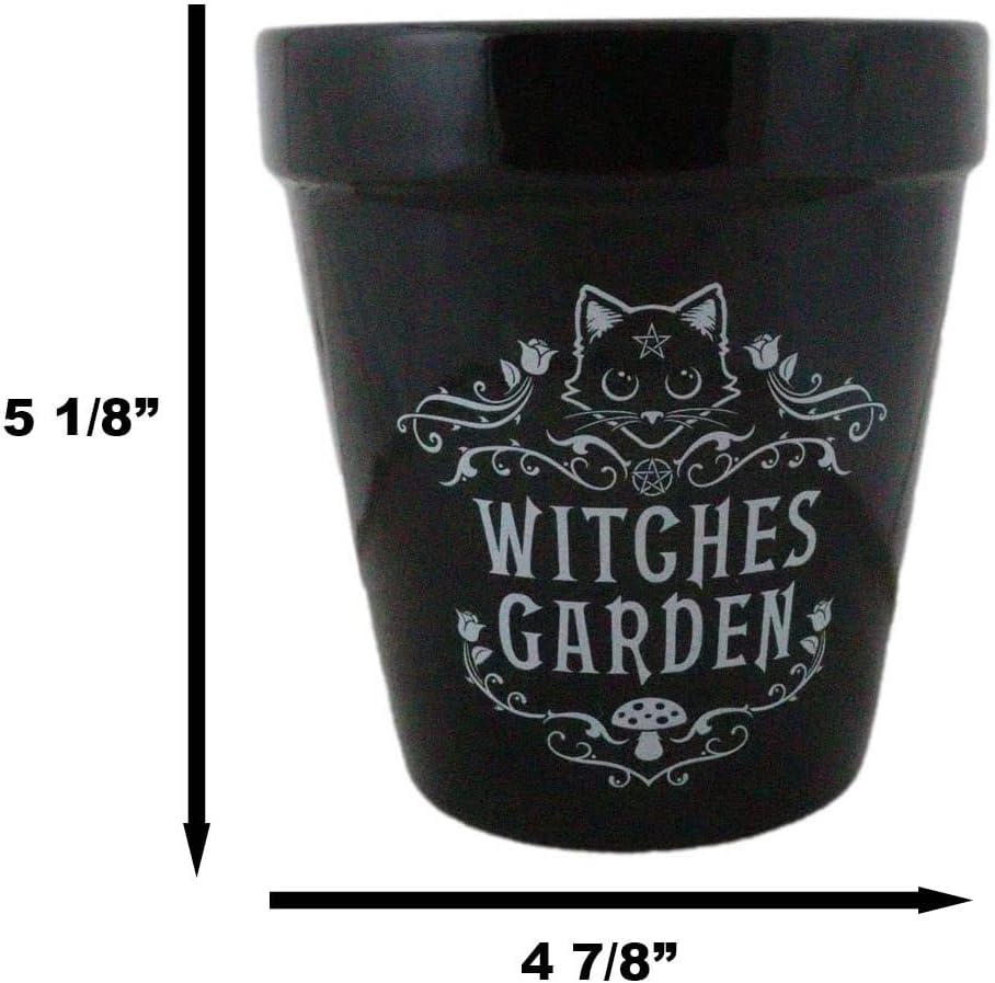 Ebros Gift Wicca Witchcraft Gothic Magic Black Ceramic Planter Pot Vase Floral Container Alchemy Occult Potter Flowerpot Green Thumb Gardening Home Accent (Feline Cat Witches Garden)