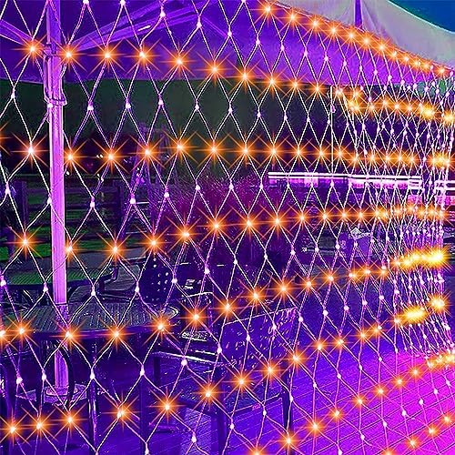 WATERGLIDE Outdoor Halloween Net Lights, 12FT x 5FT 360 LED Fairy String Light with 8 Lighting Modes, Connectable Light Safe Adaptor for Garden Tree Bushes Holiday Party Decorations, Orange & Purple