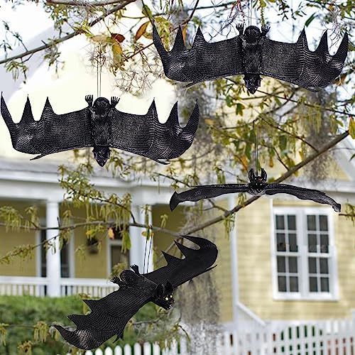 ATDAWN Halloween Hanging Bats, Rubber Bats, Realistic Looking Spooky Bats, Flying Bats Halloween Decoration, 12 Pack