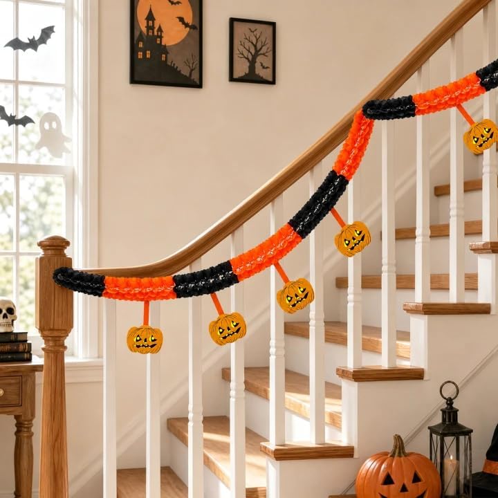 6 Pack Halloween Pumpkin Paper Chain Garland, Pumpkin Paper Garland Decor