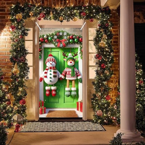 BlissYard Christmas Door Cover Reindeer Snowman 35x71 Inch Polyester