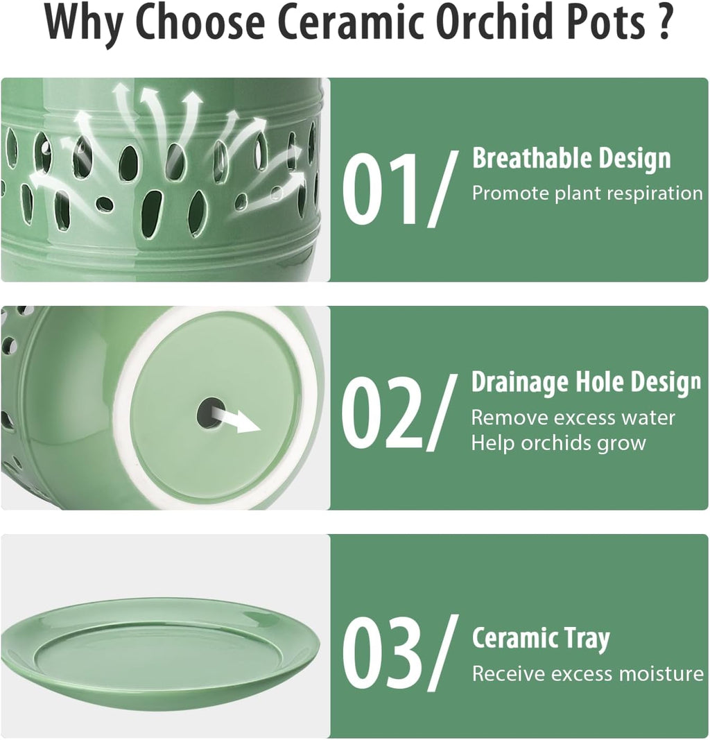 Orchid Pots with Holes, 5+6 Inch Large Orchid Pot with Drainage and Saucers, Ceramic Orchid Planter for Indoor/Outdoor