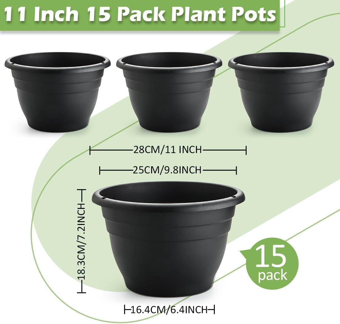 RooTrimmer 15 Pack 11 Inch Plant Pots with Drainage Holes,Black Plastic Flower Pots with Hanging Holes,Durable Planters
