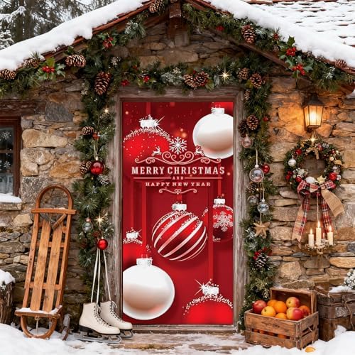 Christmas Door Cover, Elastic New Year Front Door Sleeve Decoration Snowman Porch Sign Christmas Ball Photography Background Banner Holiday Decor(Style 1)