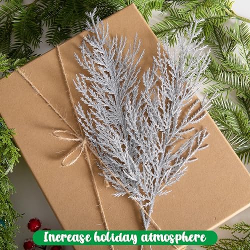 Alpurple 25 Pcs Christmas Silver Artificial Pine Branches- 13.5" Glitter Fake Foliage Pine Stems Picks- Silver Leaves Artificial Pine Needles for DIY Christmas Wreath Home Decoration