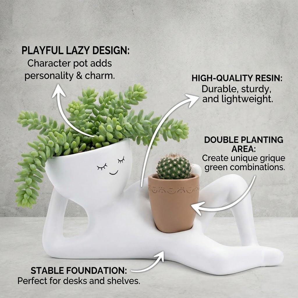 Funny Lazy Guy Plant Pot Goofy Garden Planter with Drainage Hole（yellow） | Cute Resin Face Planter for Succulents and