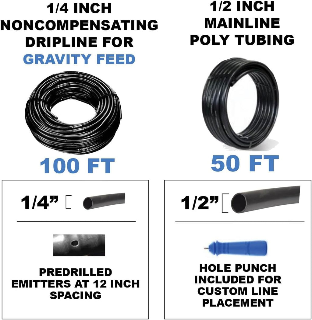 BlueBarrel™ Gravity-Fed Drip Irrigation Kit with Inline Emitters: No-Pressure/Low-Pressure Irrigation for Rain Barrels