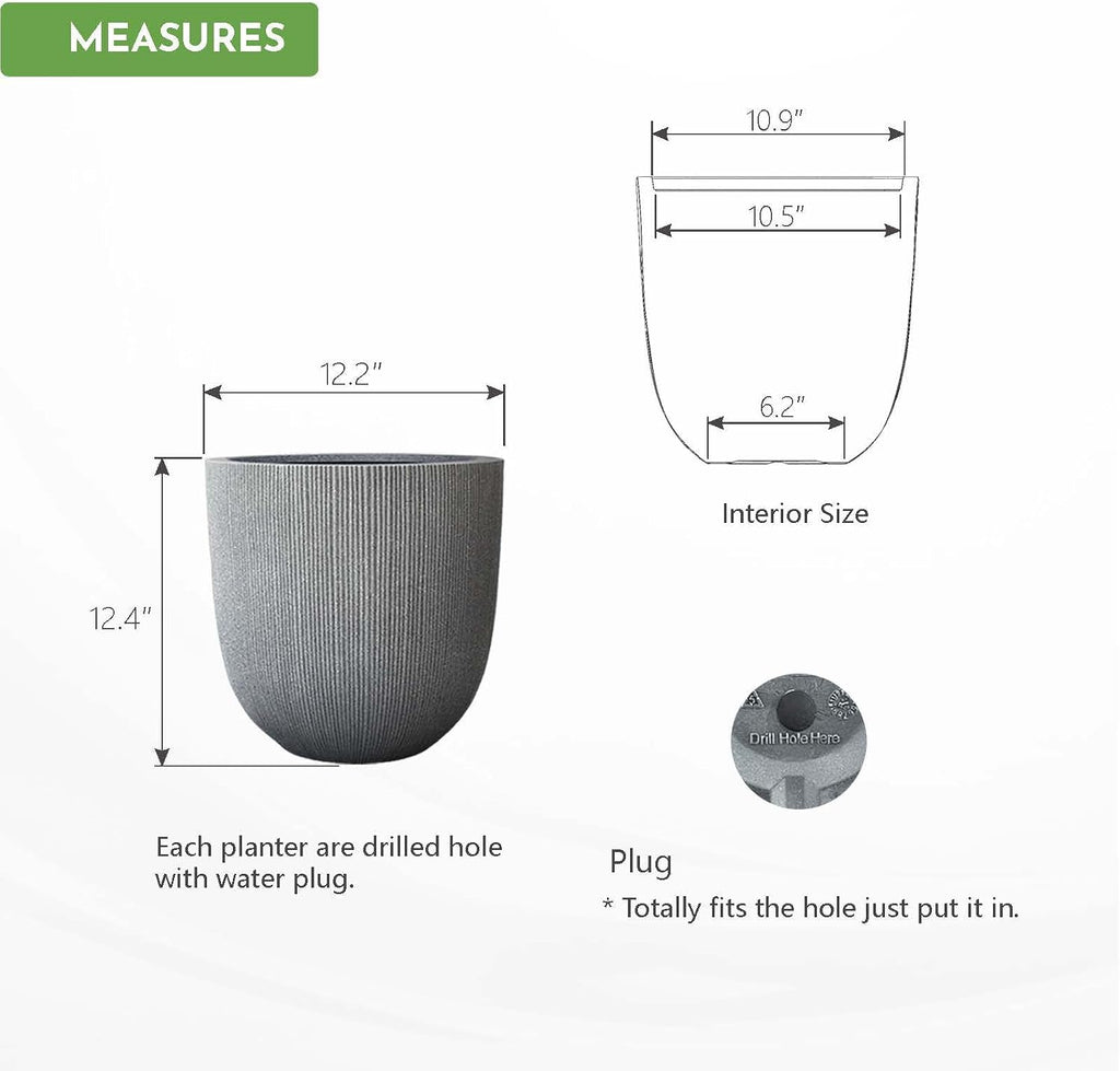 12.4"H Tapered Ribbed Lightweight Plastic Planter w/ Drainage Hole & Plug | Durable & Weatherproof, Indoor Outdoor Use