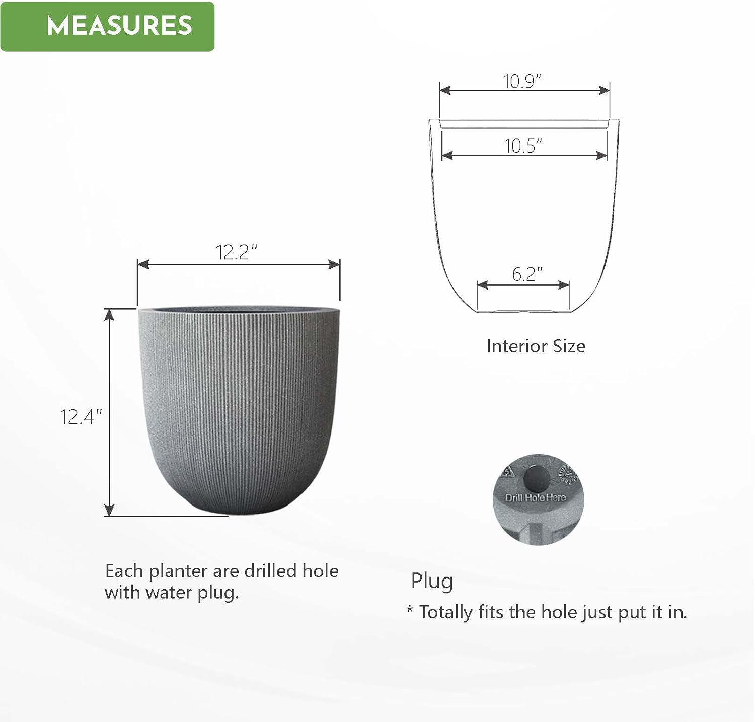 12.4"H Tapered Ribbed Lightweight Plastic Planter w/ Drainage Hole & Plug | Durable & Weatherproof, Indoor Outdoor Use