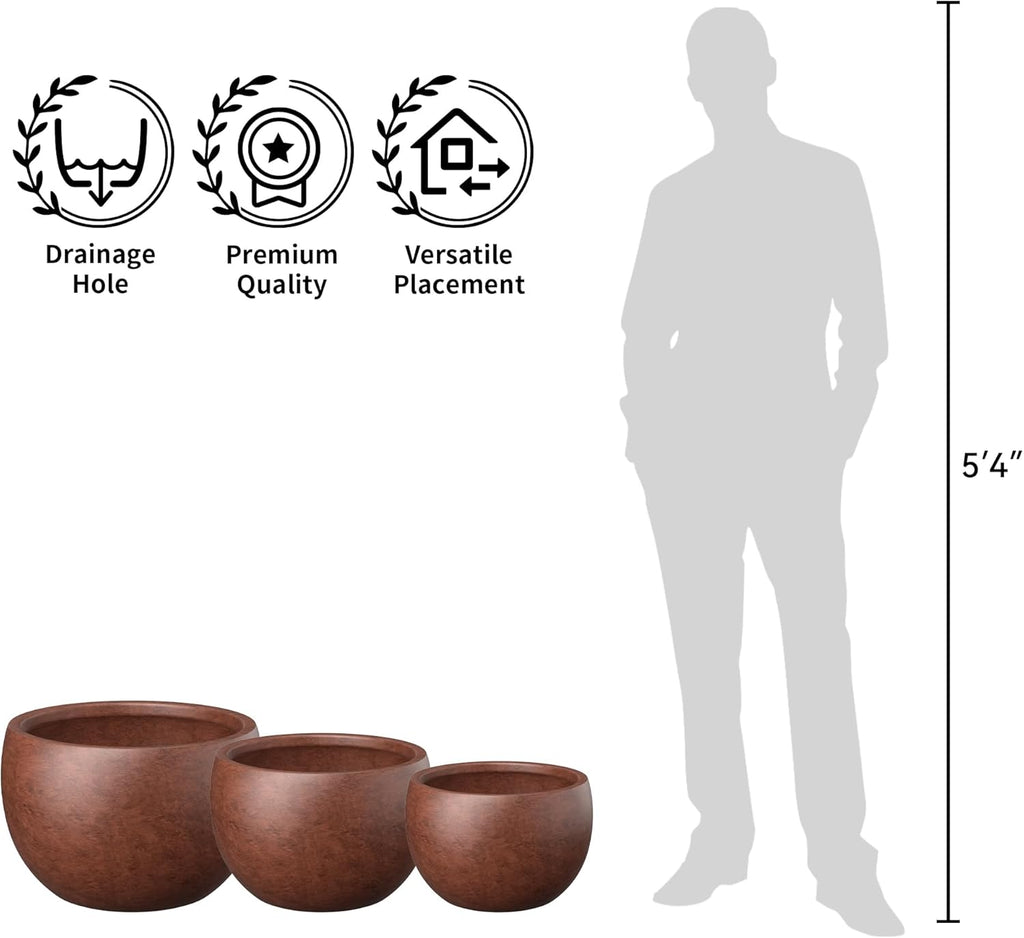 Kante Set of 3 Rusty Concrete Bowl Planters 19.9" 15.7" 11.8" Dia | Drainage for Outdoor, Rubber Plug for Indoor Home