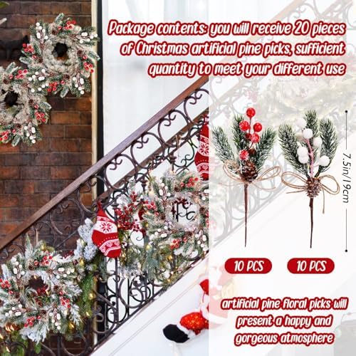 Sanwuta 20 Pcs Christmas Berry Pick with Pinecone, Frosted Red, White